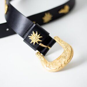 Vintage Birth-Gramm Black Wide Leather Belt Featuring Gold Suns & Iris Flowers